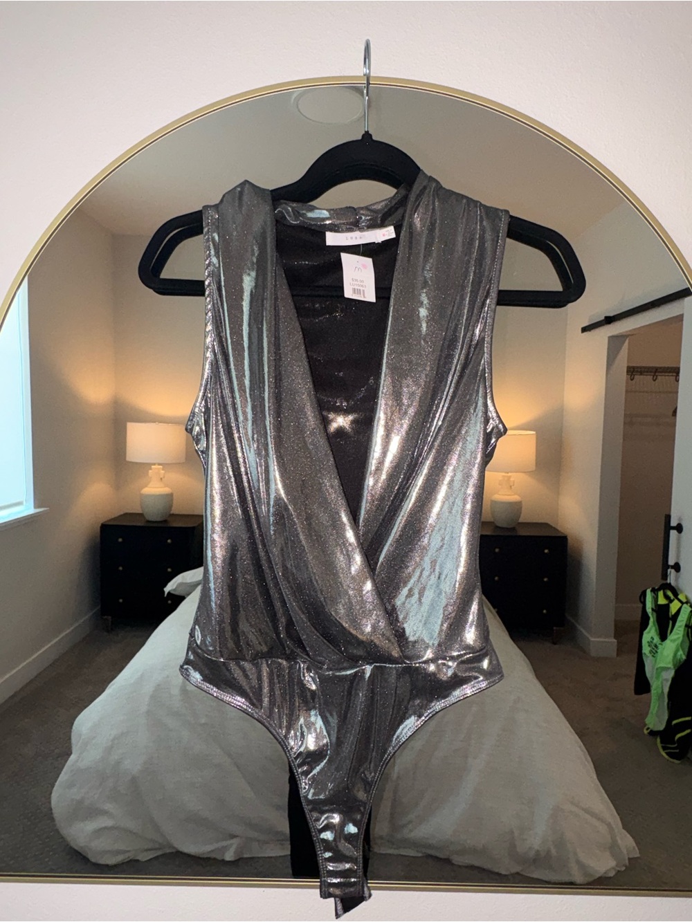 Lush Shimmery Silver Wrap-Front Sleeveless Bodysuit